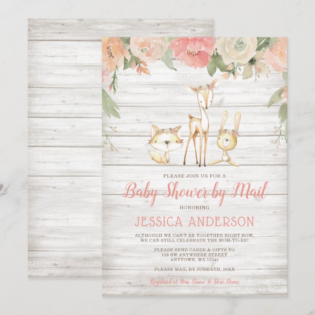 Rustic Blommigt Woodland Girl Baby Shower by Mail Inbjudningar (Fram/baksida)