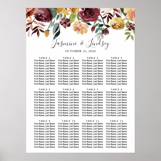 Rustic Bloom Burgundy Blommigt Bröllop Sittdiagram Poster (Framsidan)