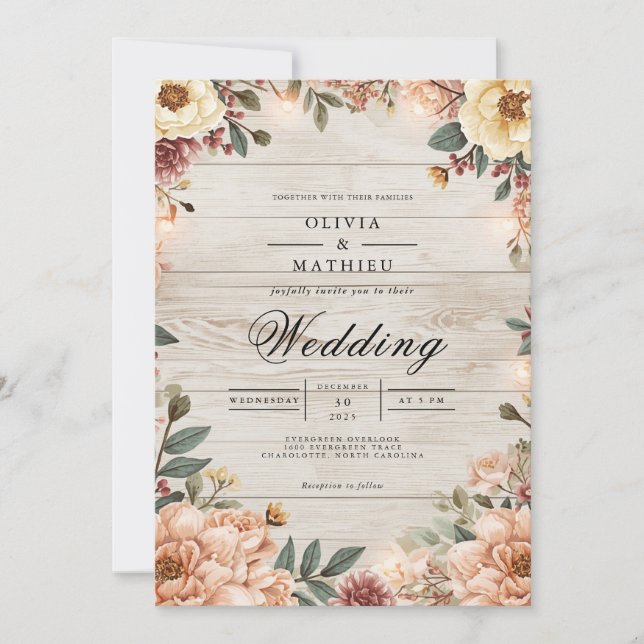 Rustic Bloom Woodgrain Romantik Bröllop Inbjudningar (Framsida)