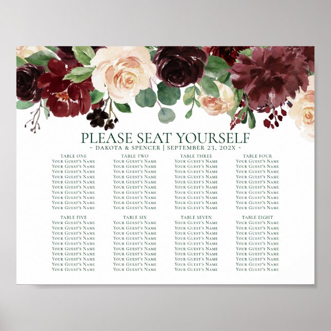Rustic Blooms | Terracotta och Marsala Seat Chart Poster (Framsidan)