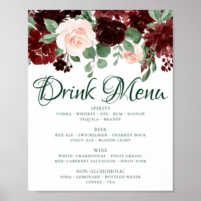 Rustic Blooms | Terrakotta Marsala Röd Drinkmeny Poster (Framsidan)