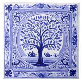 Rustic Blue and White Folk Art i träd Kakelplatta
