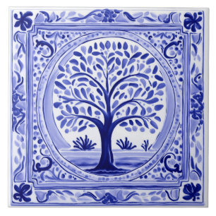 Rustic Blue and White Folk Art i träd Kakelplatta