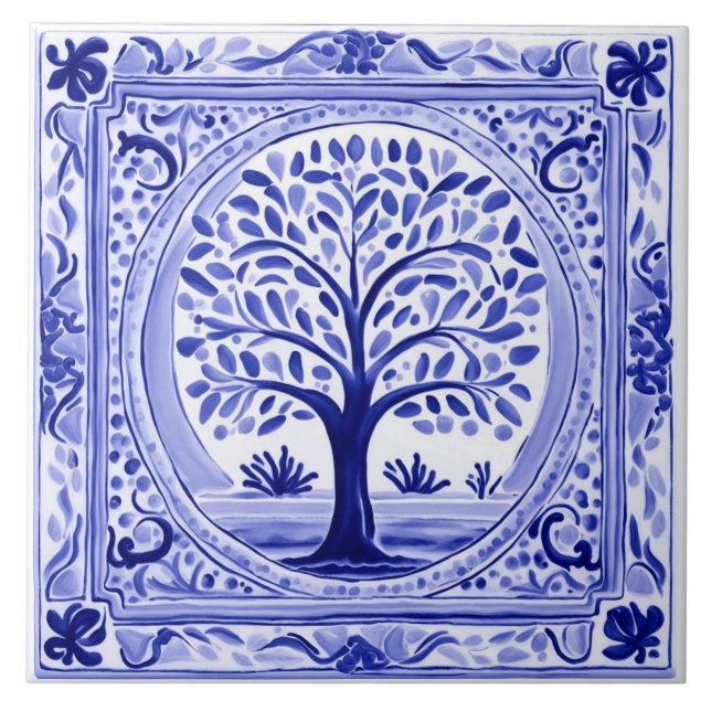 Rustic Blue and White Folk Art i träd Kakelplatta (Framsidan)