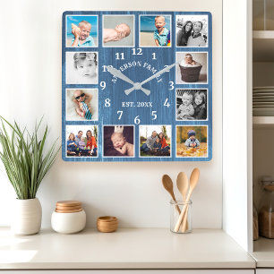 Rustic Blue Barn Wood Farmhouse 12 Photo Collage Fyrkantig Klocka