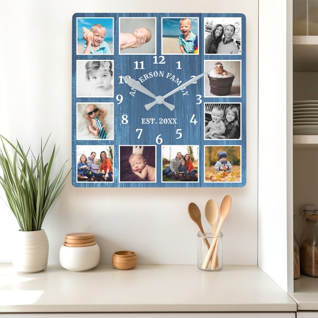 Rustic Blue Barn Wood Farmhouse 12 Photo Collage Fyrkantig Klocka (Skapare uppladdad)