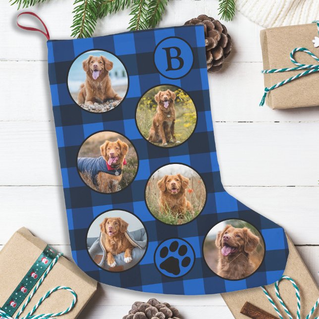 Rustic Blue Black Play Roligt Pet Photo Collage Liten Julstrumpa (Skapare uppladdad)