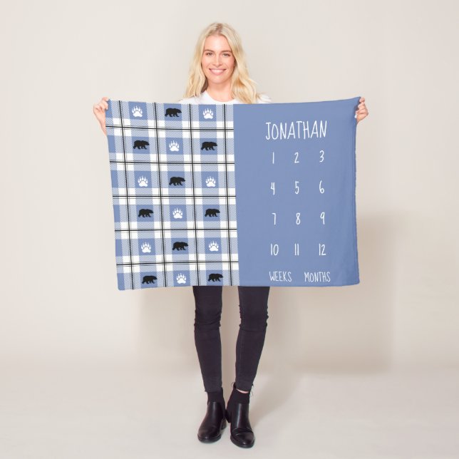 Rustic Blue Black & White Bear Flanals Mönster Fleecefilt (På plats)