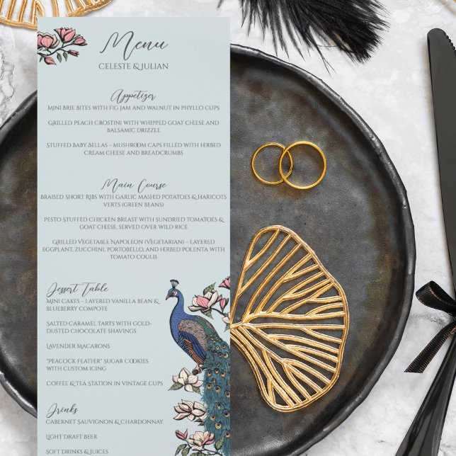 Rustic Blue Blommigt Peacock Bird Bröllop Menu Meny (Rustic Elegant Blue Peacock Chinoiserie Wedding Menu for Wedding, Bridal Shower, Rehearsal Dinner.)