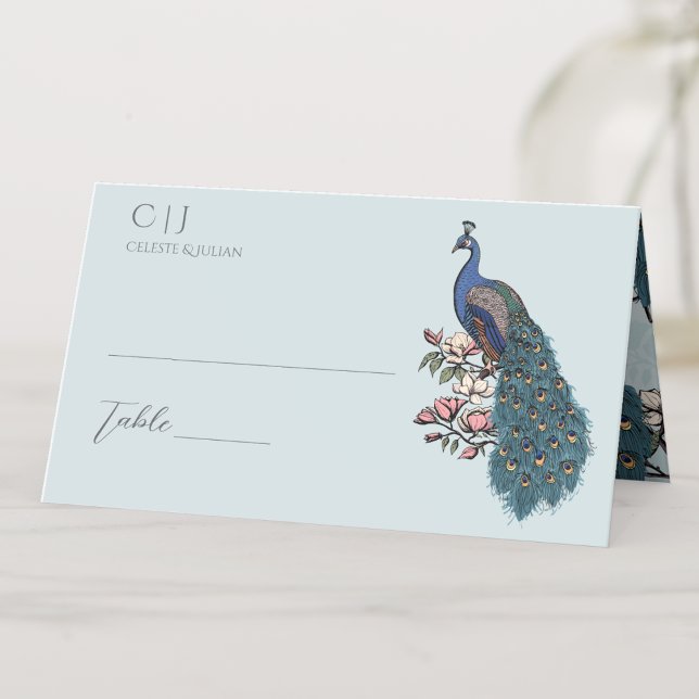 Rustic Blue Blommigt Peacock Bröllop Placeringskort (Rustic Blue & Teal Peacock on Magnolia Branch in Full Bloom with Blush Pink Flowers in Elegant Blue.)