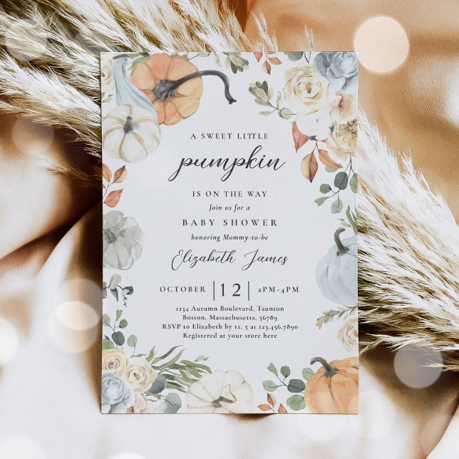 Rustic Blue Blommigt Pumpkin Boy Shower Inbjudningar (Skapare uppladdad)
