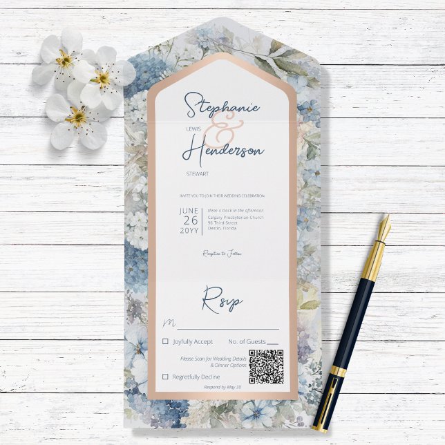 Rustic Blue Blommigt & Ro Guld QR-kod (Skapare uppladdad)