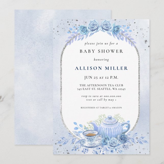 Rustic Blue Blommigt Tea Party Baby Shower Inbjudningar (Fram/baksida)