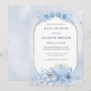 Rustic Blue Blommigt Tea Party Baby Shower Inbjudningar