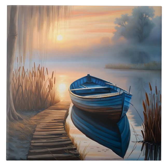 Rustic Blue Boat vid Sunrise Kakelplatta (Framsidan)