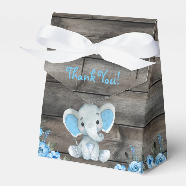 Rustic Blue Boy Elephant Favor Box Baby Shower Presentaskar (Framsidan Sidan)
