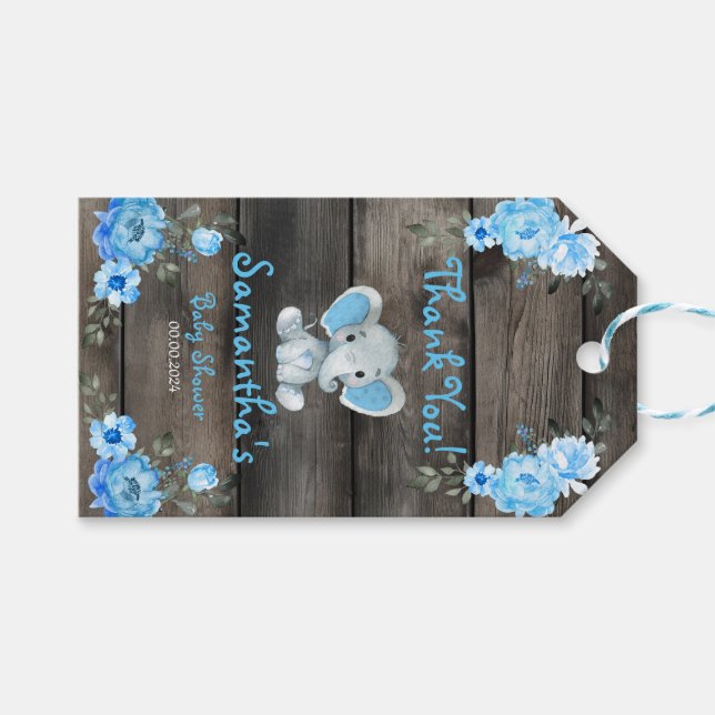 Rustic Blue Boy Elephant Giveaway Baby Shower Presentetikett (Framsidan (Horisontell))