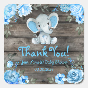 Rustic Blue Boy Elephant Label Sticker Baby Shower Fyrkantigt Klistermärke