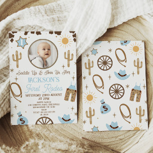 Rustic Blue Brown Boys First Rodeo 1:a födelsedage Inbjudningar