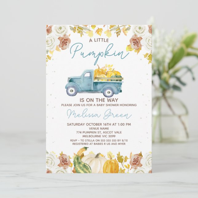 Rustic Blue Brown Fall Pumpkin Truck Baby Shower Inbjudningar (Stående Fram)