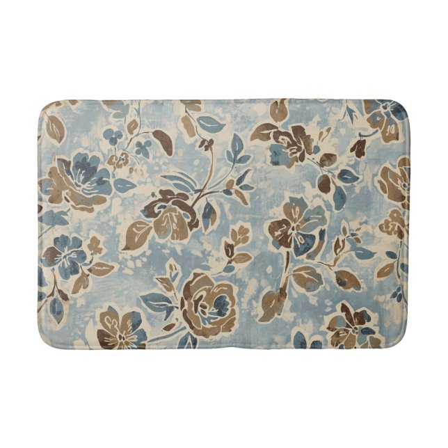 Rustic Blue Brown Tan Floral Badrumsmatta (Framsidan)