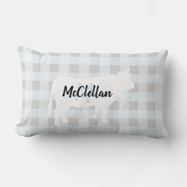 Rustic Blue Buffalo Check Cow | Monogram Lumbarkudde (Framsida)