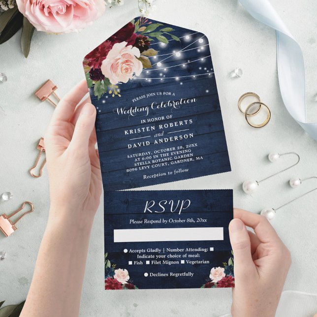 Rustic Blue Burgundy Blommigt String Ljus Bröllop (Skapare uppladdad)