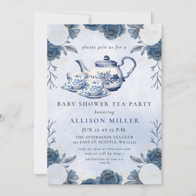 Rustic Blue Chinoiserie Tea Party Baby Shower Inbjudningar (Framsida)