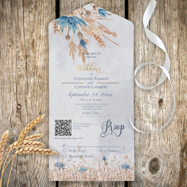 Rustic Blue Cornblommor & Wheat Blue QR-kod (Also available without a QR code.)