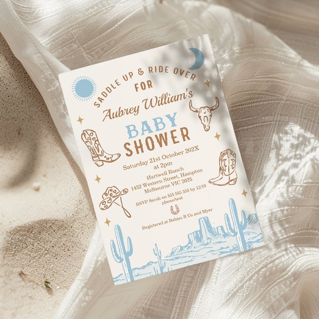 Rustic Blue Desert Boys Cowboy Baby Shower Inbjudningar (Boys Cowboy Baby Shower invitation, Blue Brown Western Desert Wild West Southern Country Rodeo )