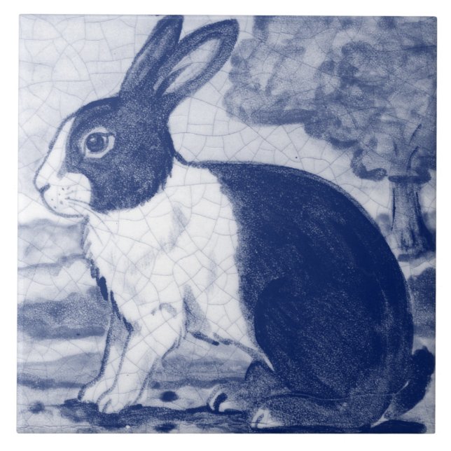 Rustic Blue Dutch Bunny Rabbit Delft Ansikte Lämna Kakelplatta (Framsidan)