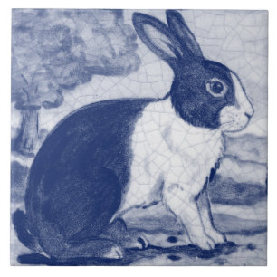 Rustic Blue Dutch Bunny Rabbit Delft Vintage Scene Kakelplatta