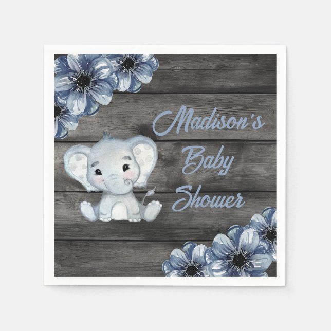 Rustic Blue Elephant Blommigt Wooden Napkins Pappersservett (Framsidan)