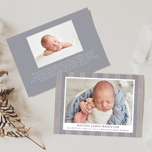 Rustic Blue Farmhouse Linen Rand Photo Birth Meddelande (Skapare uppladdad)