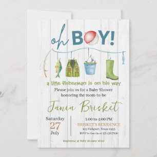 Rustic Blue Fishing Design Baby Shower Boy Inbjudningar