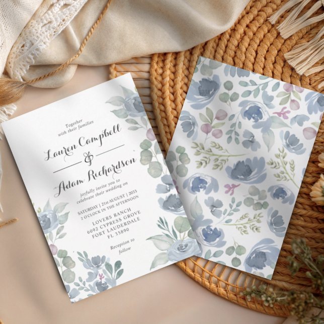 Rustic Blue Floral & Eucalyptus Wedding  Inbjudningar (Skapare uppladdad)