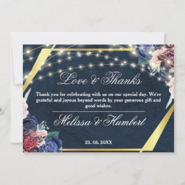 Rustic Blue Flower Guld Wood String Ljus Bröllop Tack Kort
