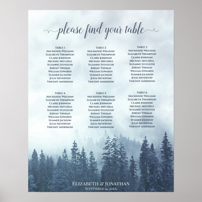 Rustic Blue Forest 6 Bord Bröllop-sätesdiagram Poster (Framsidan)