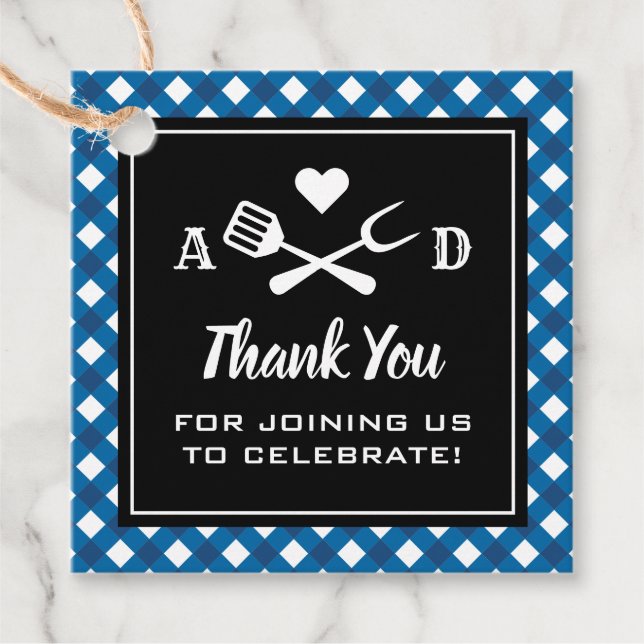 Rustic Blue Gingham BBQ Bröllop Tack Gåvor Etiketter (Framsida)