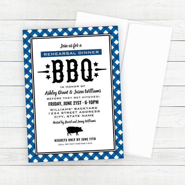 Rustic Blue Gingham Bröllop Rehearsal Dinner BBQ Inbjudningar (Skapare uppladdad)