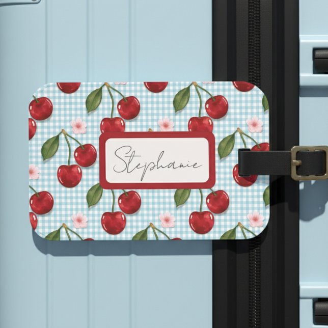 Rustic Blue Gingham och Cherries Monogram Bagagebricka (Skapare uppladdad)