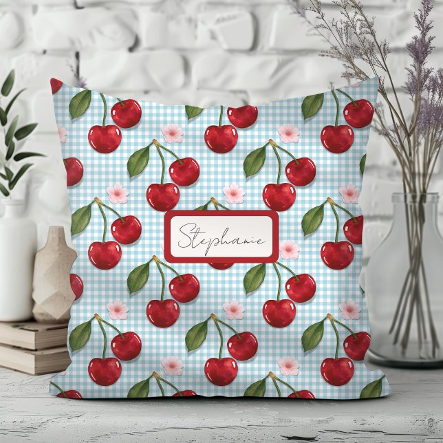 Rustic Blue Gingham och Cherries Monogram Kudde (Skapare uppladdad)