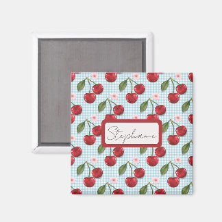 Rustic Blue Gingham och Cherries Monogram Magnet
