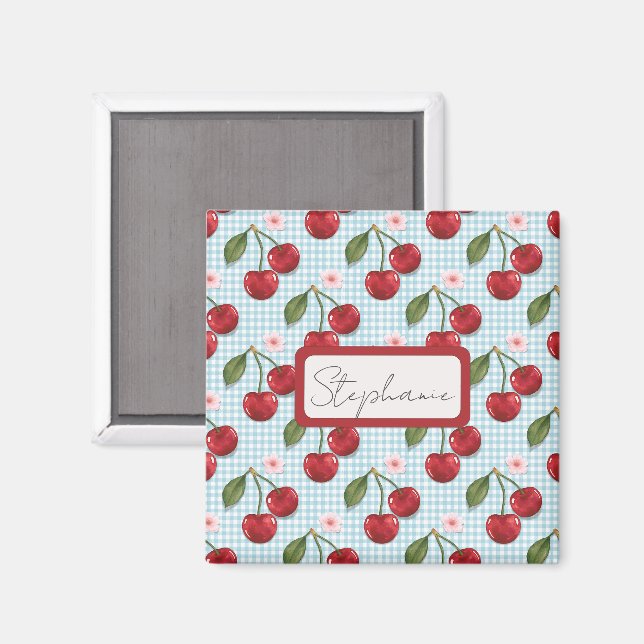 Rustic Blue Gingham och Cherries Monogram Magnet (Front/Back)