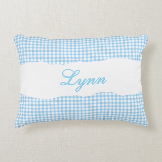 Rustic Blue Gingham Personalized Name Prydnadskudde (Framsidan)