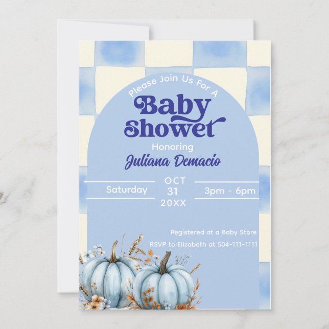 Rustic Blue Gingham Pumpkin Baby Shower Inbjudningar (Framsida)