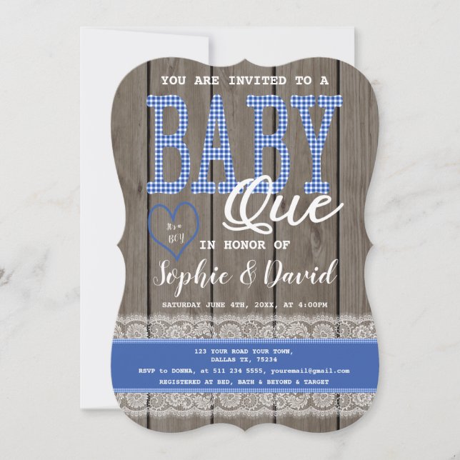 Rustic Blue Gingham Wood Boy Shower BBQ Inbjudningar (Framsida)