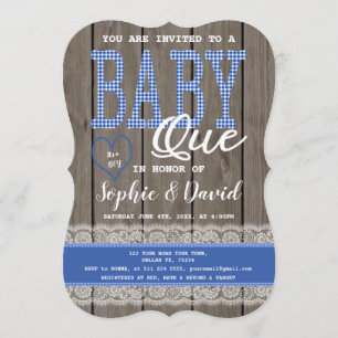 Rustic Blue Gingham Wood Boy Shower BBQ Inbjudningar