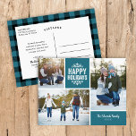 Rustic Blue Glad helg 3 Photo Collage<br><div class="desc">Prisvärda helgdag-vykort för utskrift av anpassningsbar med enkla mallar för anpassning. Den här moderna geliksdesignen har en fotosamlingslayout med utrymme för tre familjefotografier och text i koordinerande färg-block - redigera bakgrundsbilden i färger för att matcha eventuella foton. Anpassa den med bilder och lägg till din familj namn och året. Vänd...</div>