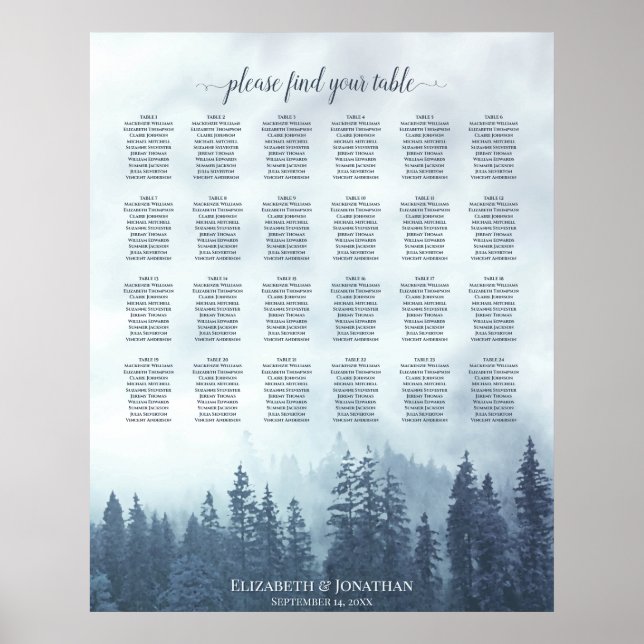 Rustic Blue Gräs 24 Bord Bröllop sätesdiagram Poster (Framsidan)